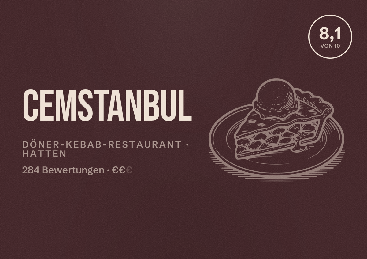 Illustriertes Poster von Cemstanbul, Döner-Kebab-Restaurant in Hatten: Bewertung 8,1 von 10 aus 284 Bewertungen, Preisniveau €€
