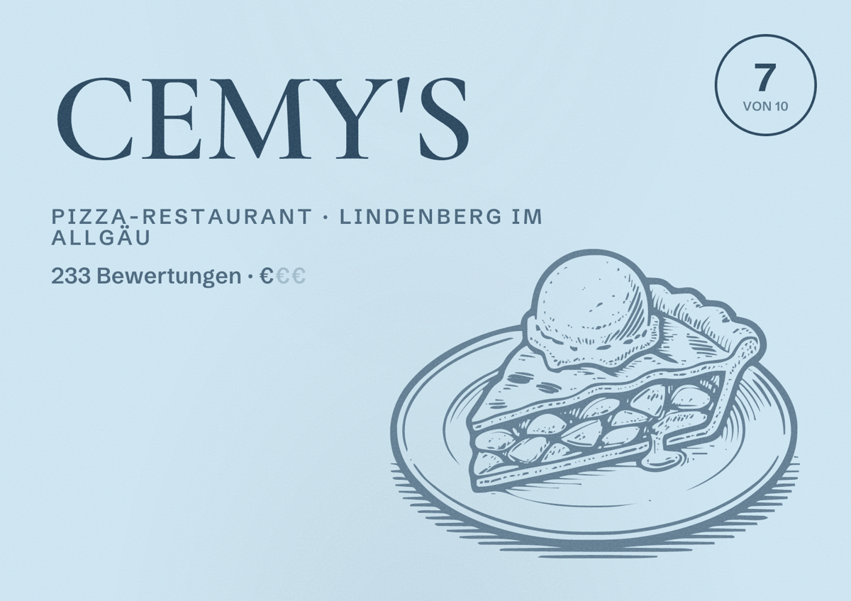 Illustriertes Poster von CEMY'S, Pizza-Restaurant in Lindenberg im Allgäu: Bewertung 7 von 10 aus 233 Bewertungen, Preisniveau €
