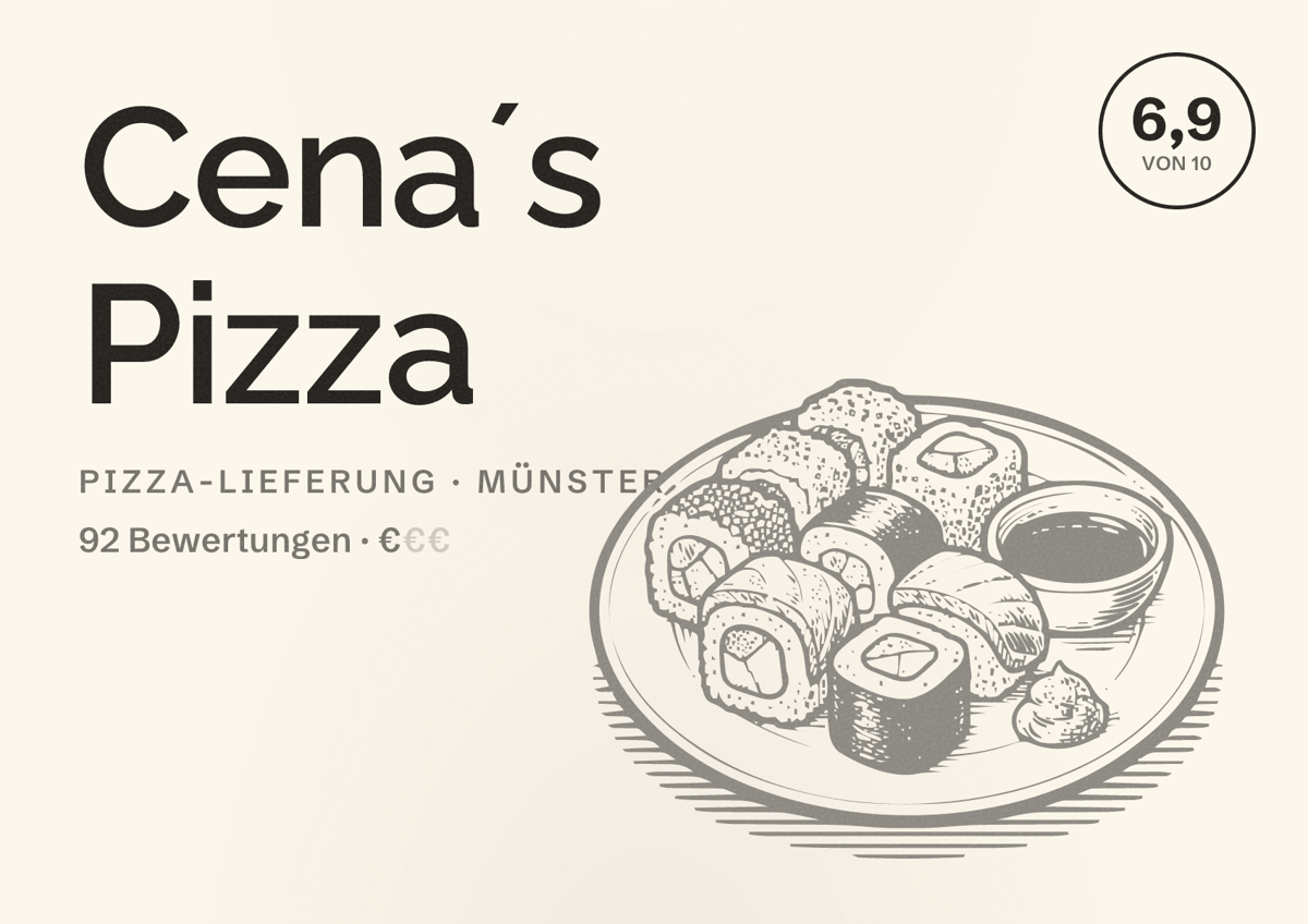 Illustriertes Poster von Cena´s Pizza, Pizza-Lieferung in Münster: Bewertung 6,9 von 10 aus 92 Bewertungen, Preisniveau €