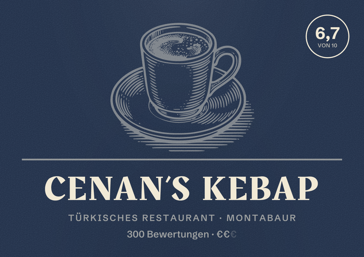 Illustriertes Poster von Cenan’s Kebap, Türkisches Restaurant in Montabaur: Bewertung 6,7 von 10 aus 300 Bewertungen, Preisniveau €€