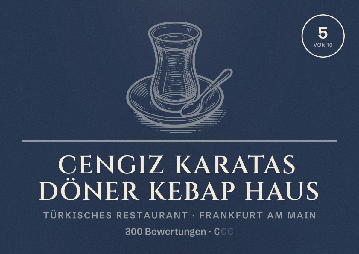Illustriertes Poster von Cengiz Karatas Döner Kebap Haus, Türkisches Restaurant in Frankfurt am Main: Bewertung 5,0 von 10 aus 300 Bewertungen, Preisniveau €