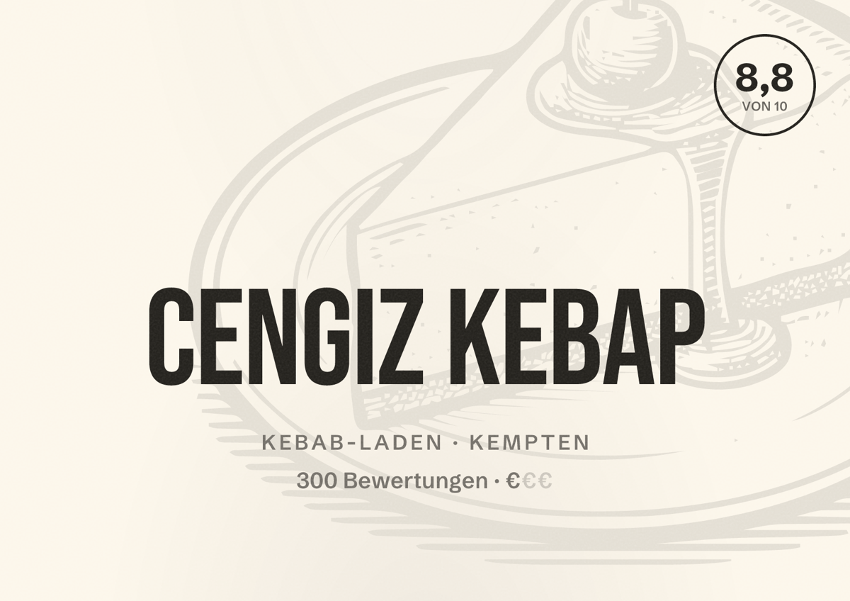 Illustriertes Poster von Cengiz Kebap, Kebab-Laden in Kempten: Bewertung 8,8 von 10 aus 300 Bewertungen, Preisniveau €