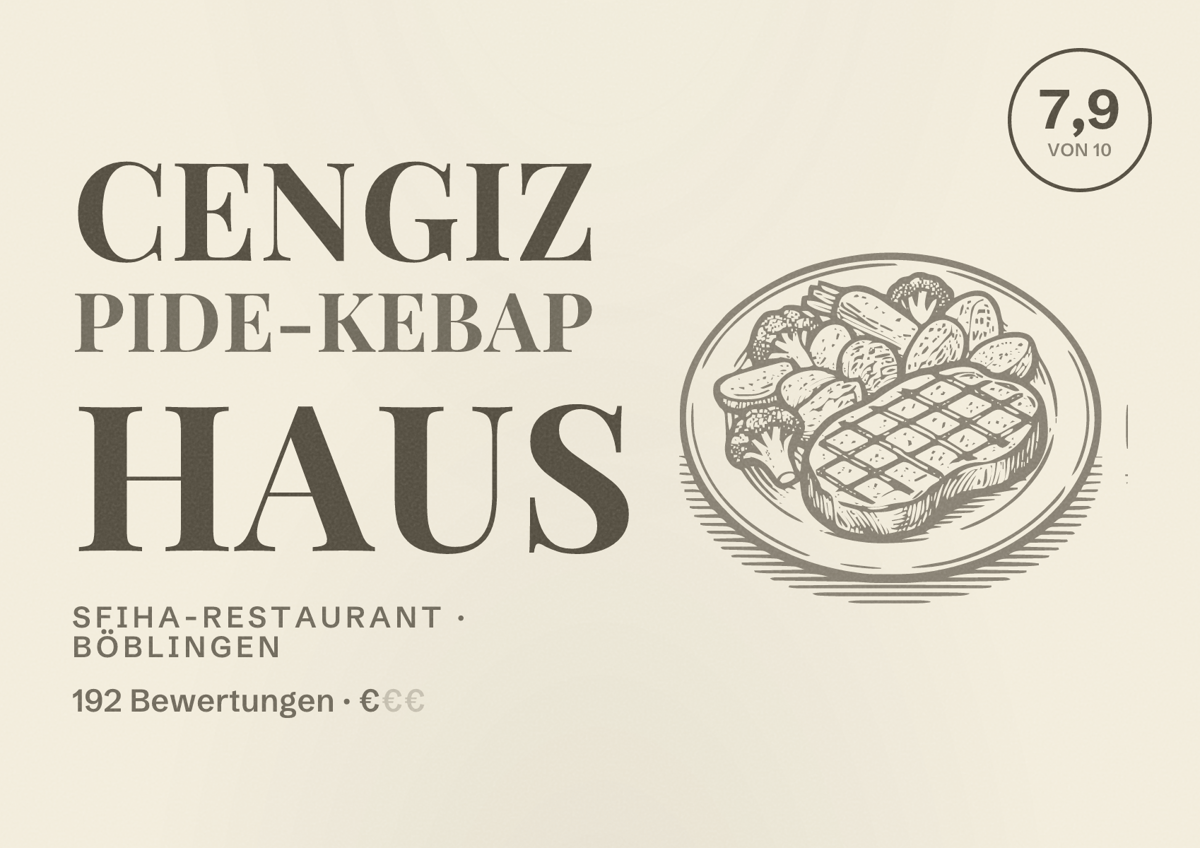 Illustriertes Poster von Cengiz Pide-Kebap Haus, Sfiha-Restaurant in Böblingen: Bewertung 7,9 von 10 aus 192 Bewertungen, Preisniveau €