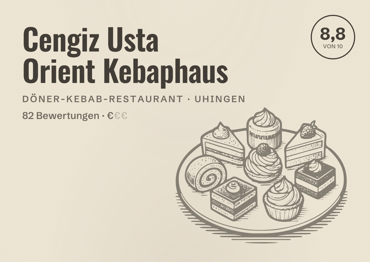 Illustriertes Poster von Cengiz Usta Orient Kebaphaus, Döner-Kebab-Restaurant in Uhingen: Bewertung 8,8 von 10 aus 82 Bewertungen, Preisniveau €