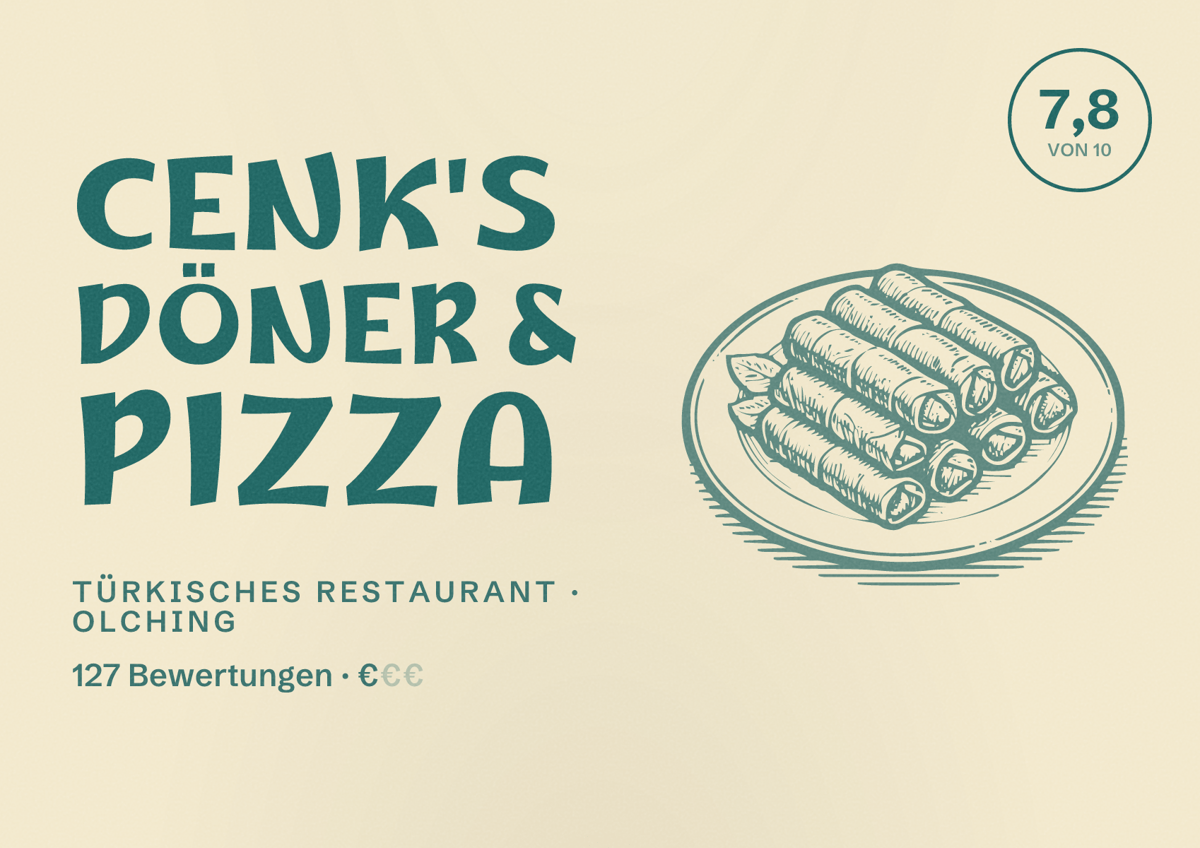 Illustriertes Poster von Cenk's Döner & Pizza, Türkisches Restaurant in Olching: Bewertung 7,8 von 10 aus 127 Bewertungen, Preisniveau €