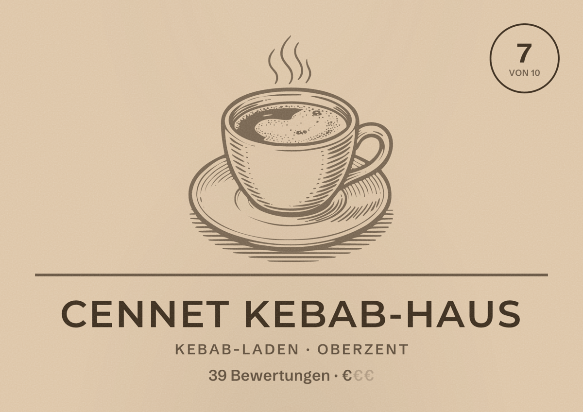 Illustriertes Poster von Cennet Kebab-Haus, Kebab-Laden in Oberzent: Bewertung 7 von 10 aus 39 Bewertungen, Preisniveau €