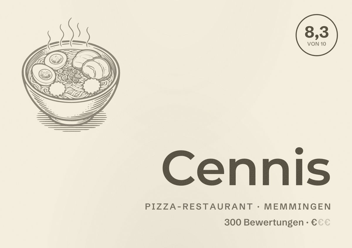 Illustriertes Poster von Cennis, Pizza-Restaurant in Memmingen: Bewertung 8,3 von 10 aus 300 Bewertungen, Preisniveau €