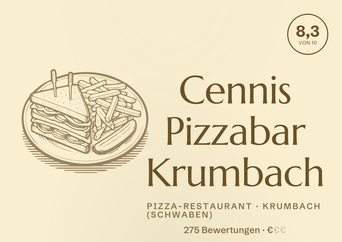 Illustriertes Poster von Cennis Pizzabar Krumbach, Pizza-Restaurant in Krumbach (Schwaben): Bewertung 8,3 von 10 aus 275 Bewertungen, Preisniveau €