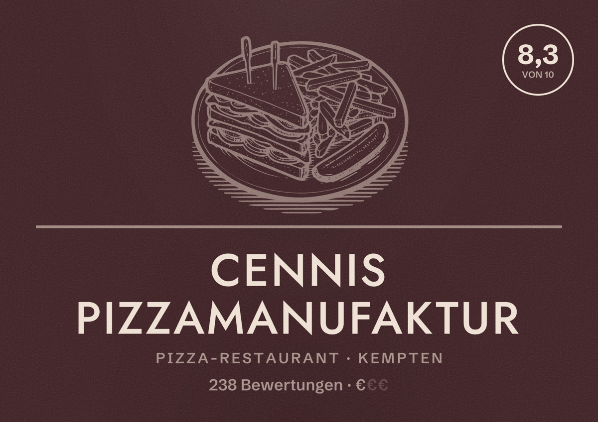 Illustriertes Poster von Cennis Pizzamanufaktur, Pizza-Restaurant in Kempten: Bewertung 8,3 von 10 aus 238 Bewertungen, Preisniveau €
