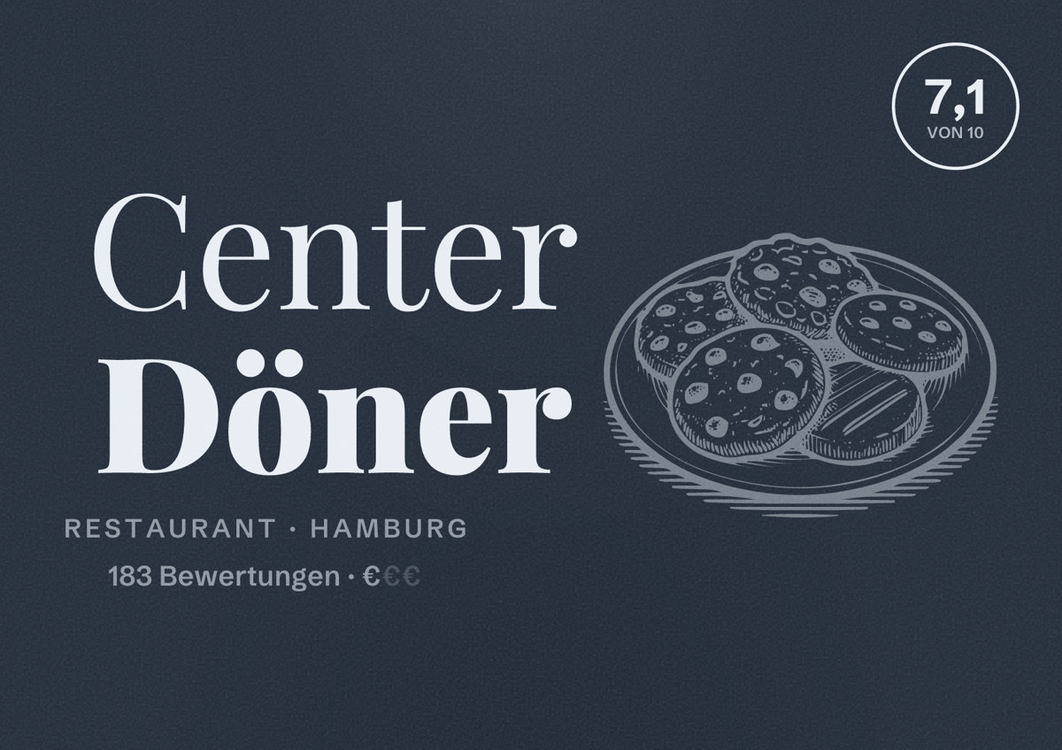 Illustriertes Poster von Center Döner, Restaurant in Hamburg: Bewertung 7,1 von 10 aus 183 Bewertungen, Preisniveau €