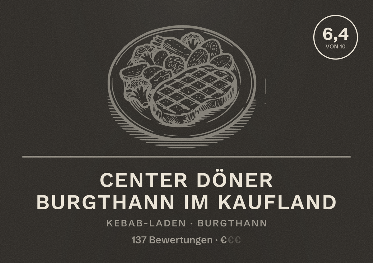 Illustriertes Poster von Center Döner Burgthann im Kaufland, Kebab-Laden in Burgthann: Bewertung 6,4 von 10 aus 137 Bewertungen, Preisniveau €
