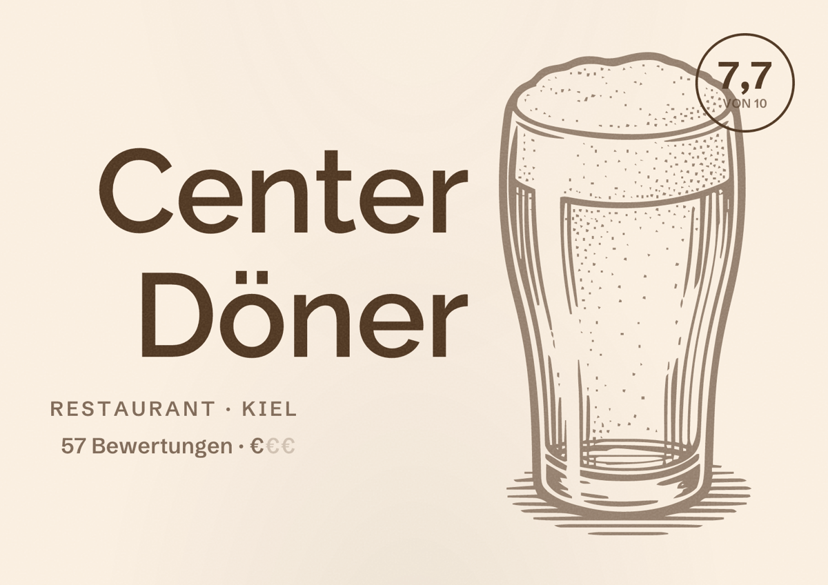 Illustriertes Poster von Center Döner, Restaurant in Kiel: Bewertung 7,7 von 10 aus 57 Bewertungen, Preisniveau €