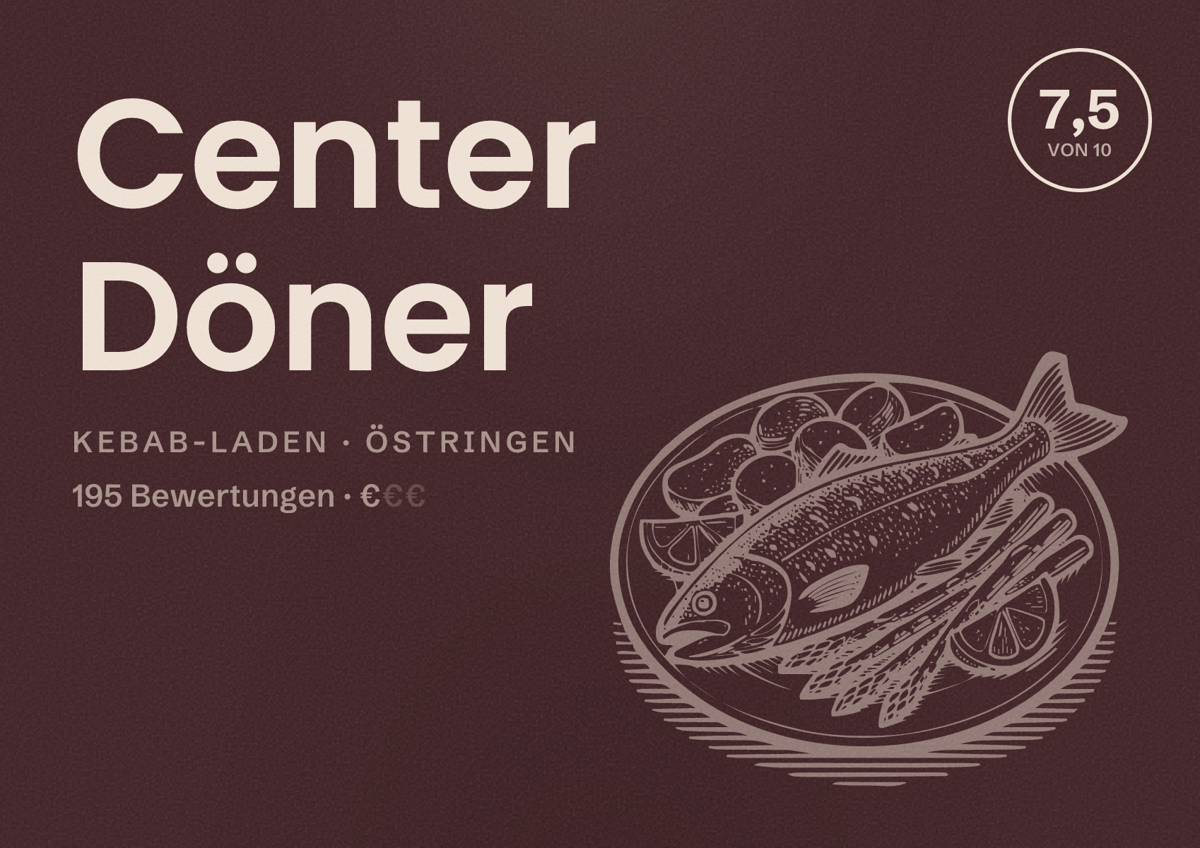Illustriertes Poster von Center Döner, Kebab-Laden in Östringen: Bewertung 7,5 von 10 aus 195 Bewertungen, Preisniveau €
