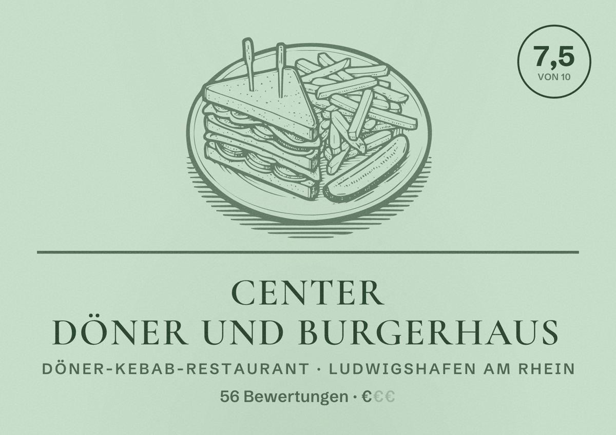 Illustriertes Poster von Center Döner und Burgerhaus, Döner-Kebab-Restaurant in Ludwigshafen am Rhein: Bewertung 7,5 von 10 aus 56 Bewertungen, Preisniveau €