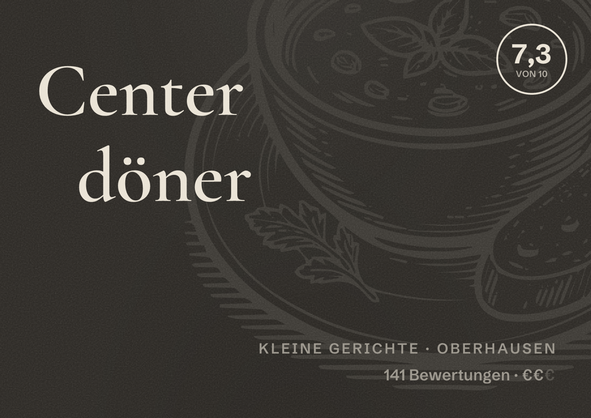 Illustriertes Poster von Center döner, Kleine Gerichte in Oberhausen: Bewertung 7,3 von 10 aus 141 Bewertungen, Preisniveau €€