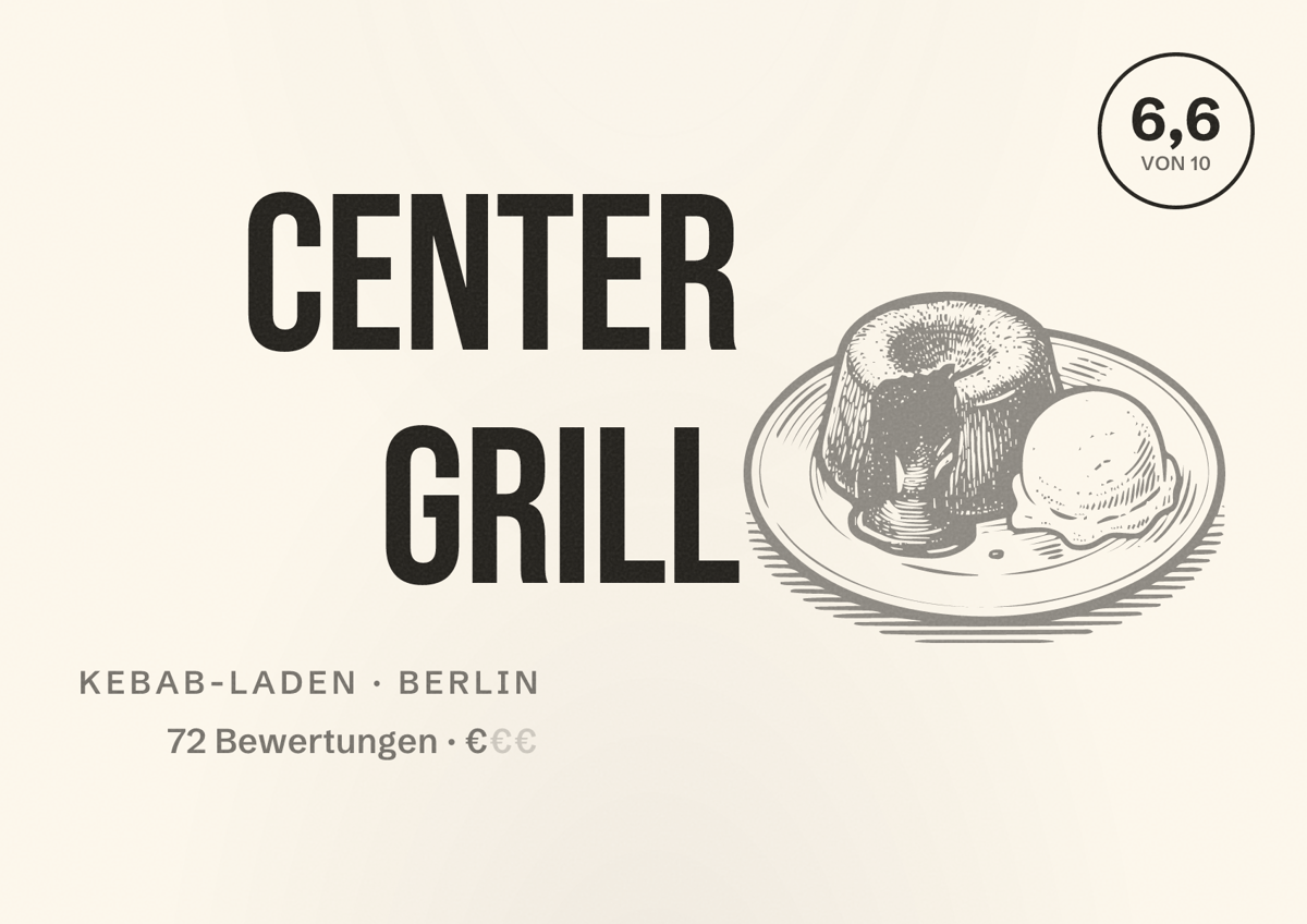 Illustriertes Poster von Center Grill, Kebab-Laden in Berlin: Bewertung 6,6 von 10 aus 72 Bewertungen, Preisniveau €