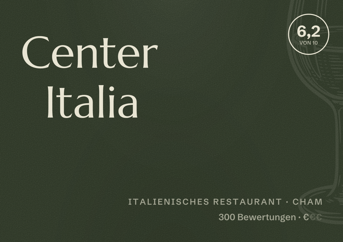 Illustriertes Poster von Center Italia, Italienisches Restaurant in Cham: Bewertung 6,2 von 10 aus 300 Bewertungen, Preisniveau €