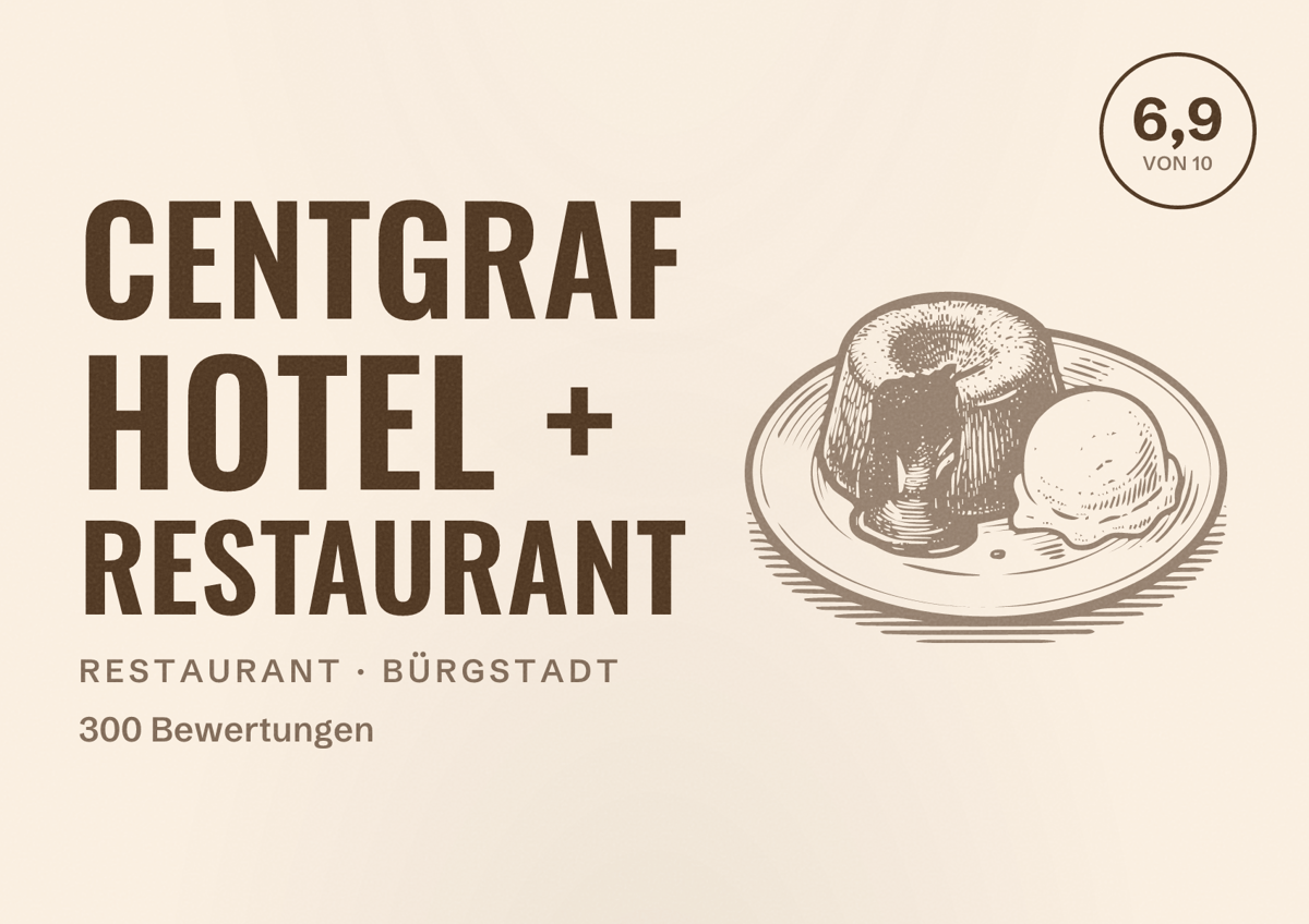 Illustriertes Poster von Centgraf Hotel + Restaurant, Restaurant in Bürgstadt: Bewertung 6,9 von 10 aus 300 Bewertungen