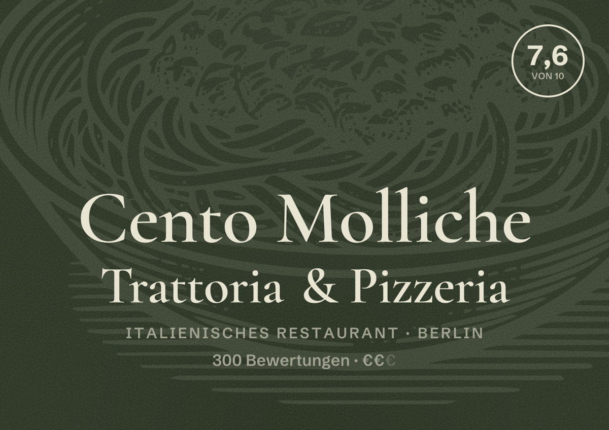 Illustriertes Poster von Cento Molliche Trattoria & Pizzeria, Italienisches Restaurant in Berlin: Bewertung 7,6 von 10 aus 300 Bewertungen, Preisniveau €€