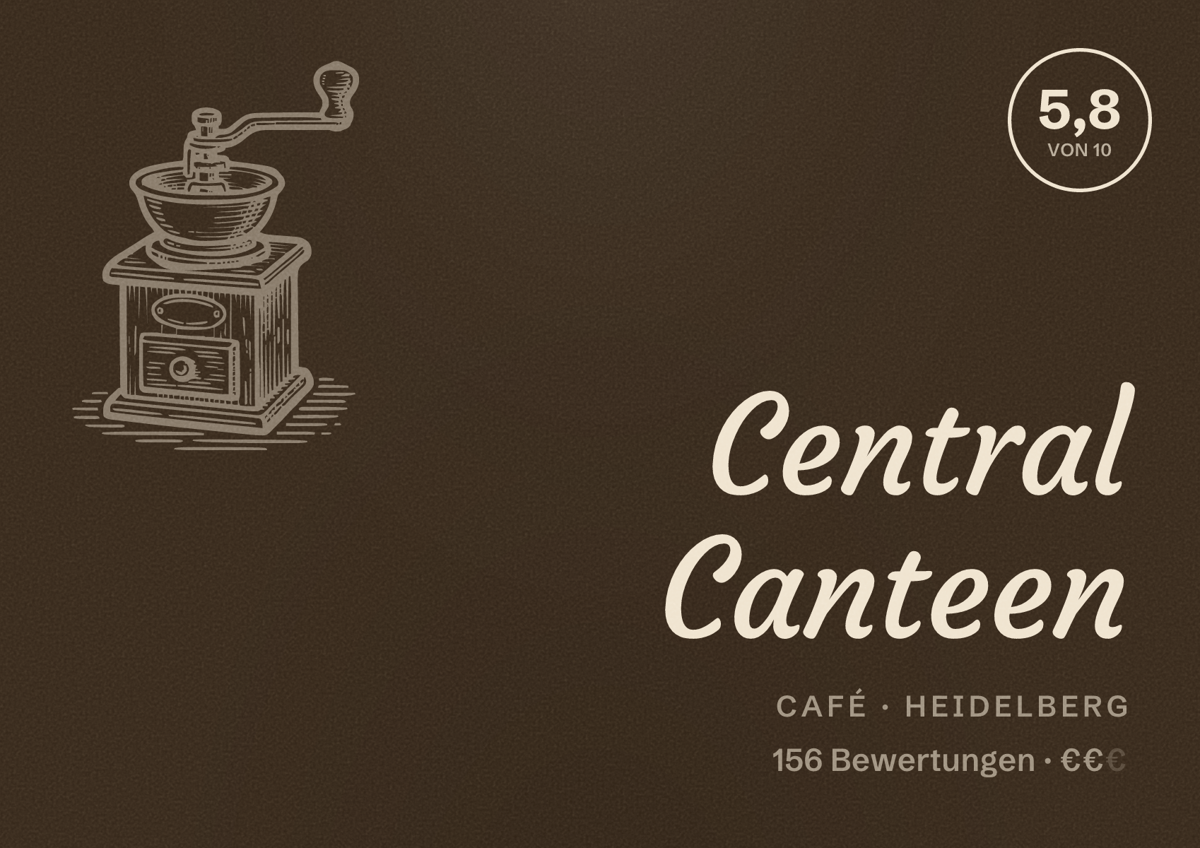 Illustriertes Poster von Central Canteen, Café in Heidelberg: Bewertung 5,8 von 10 aus 156 Bewertungen, Preisniveau €€