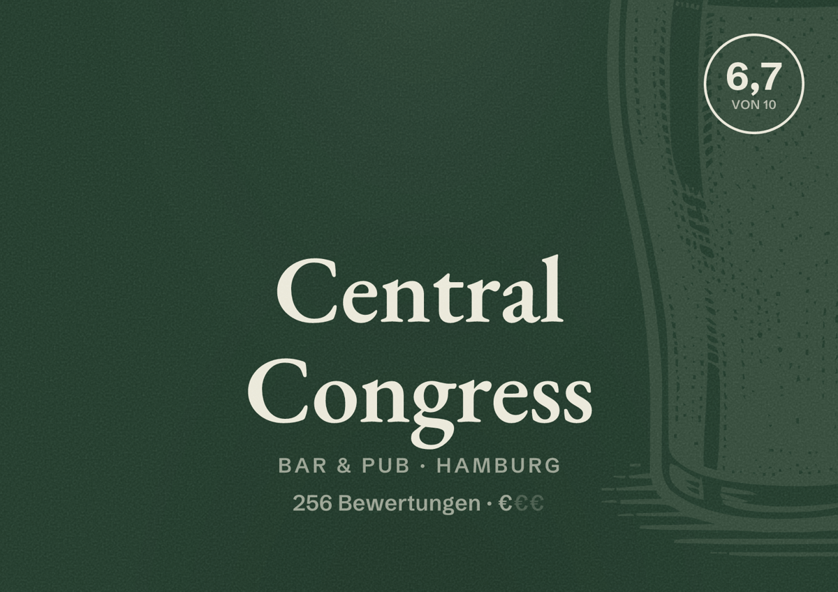 Illustriertes Poster von Central Congress, Bar & Pub in Hamburg: Bewertung 6,7 von 10 aus 256 Bewertungen, Preisniveau €