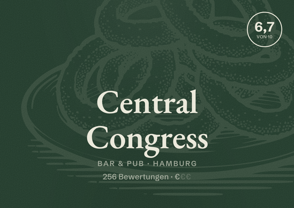 Illustriertes Poster von Central Congress, Bar & Pub in Hamburg: Bewertung 6,7 von 10 aus 256 Bewertungen, Preisniveau €