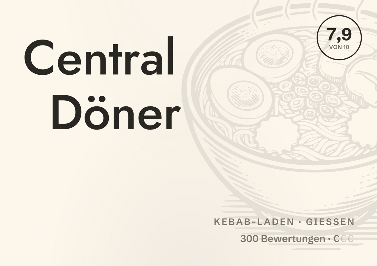 Illustriertes Poster von Central Döner, Kebab-Laden in Gießen: Bewertung 7,9 von 10 aus 300 Bewertungen, Preisniveau €
