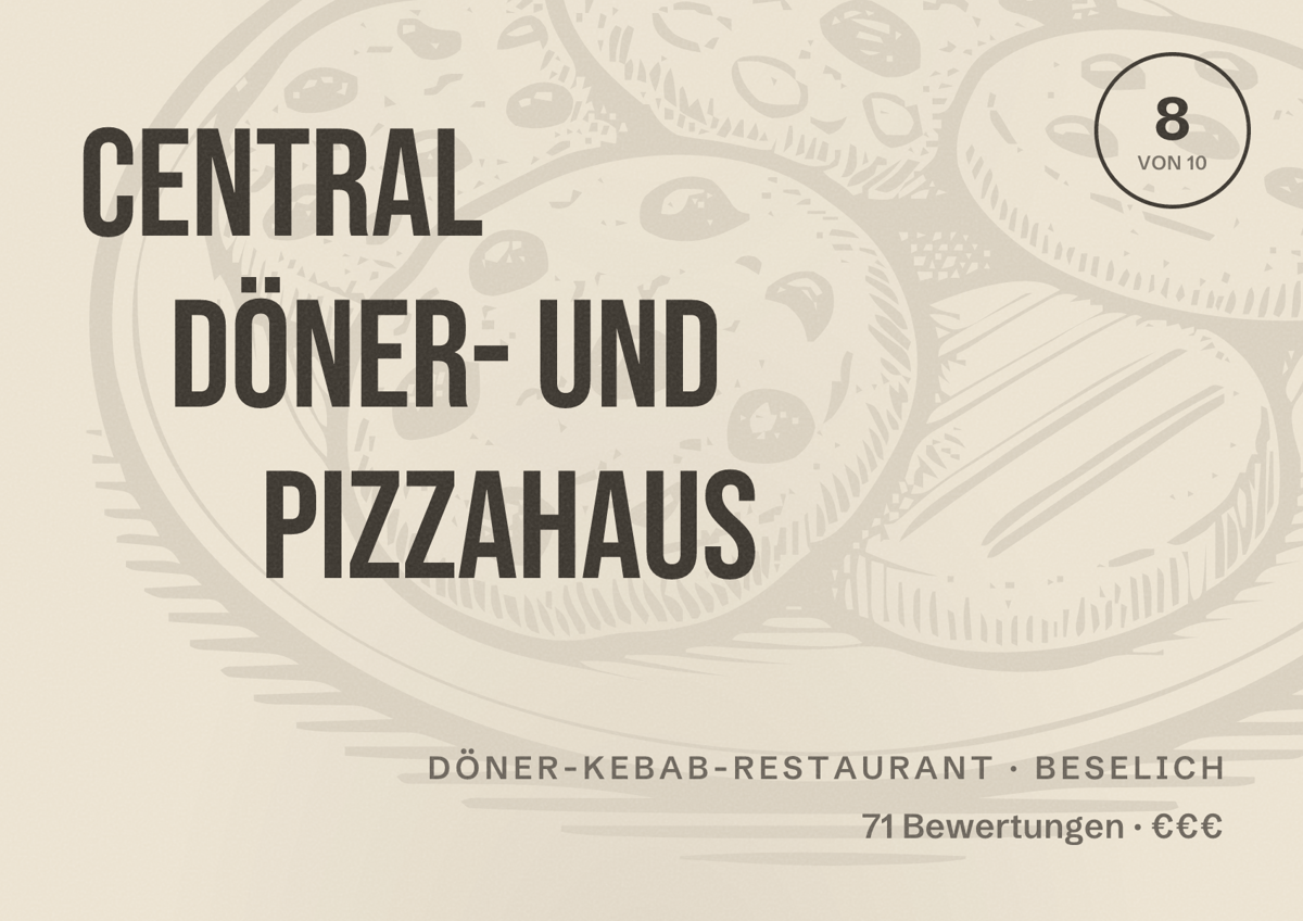 Illustriertes Poster von Central Döner- und Pizzahaus, Döner-Kebab-Restaurant in Beselich: Bewertung 8 von 10 aus 71 Bewertungen, Preisniveau €€€