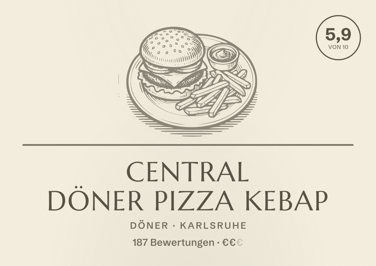 Illustriertes Poster von Central Döner Pizza Kebap, Döner in Karlsruhe: Bewertung 5,9 von 10 aus 187 Bewertungen, Preisniveau €€