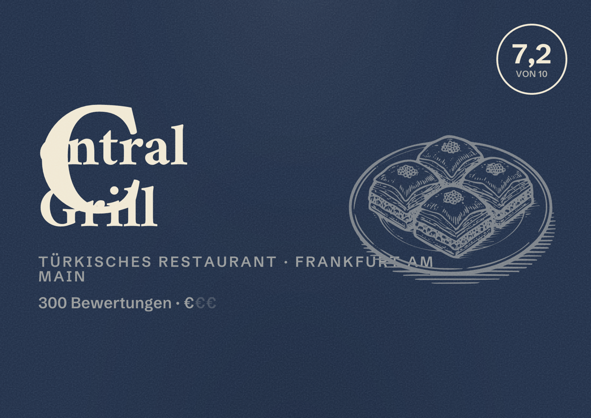 Illustriertes Poster von Central Grill, Türkisches Restaurant in Frankfurt am Main: Bewertung 7,2 von 10 aus 300 Bewertungen, Preisniveau €