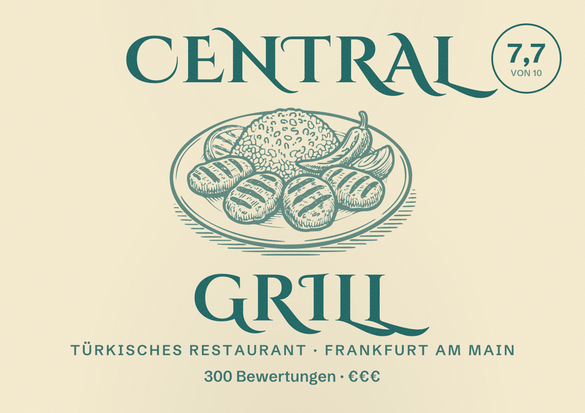 Illustriertes Poster von Central Grill, Türkisches Restaurant in Frankfurt am Main: Bewertung 7,7 von 10 aus 300 Bewertungen, Preisniveau €€€