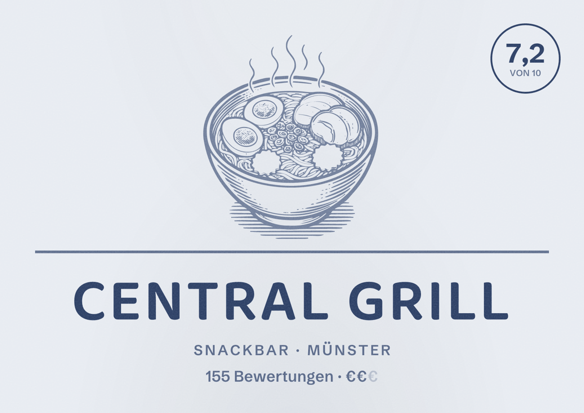 Illustriertes Poster von Central Grill, Snackbar in Münster: Bewertung 7,2 von 10 aus 155 Bewertungen, Preisniveau €€