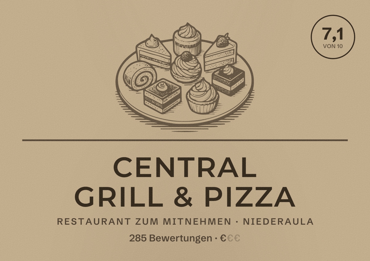 Illustriertes Poster von Central Grill & Pizza, Restaurant zum Mitnehmen in Niederaula: Bewertung 7,1 von 10 aus 285 Bewertungen, Preisniveau €