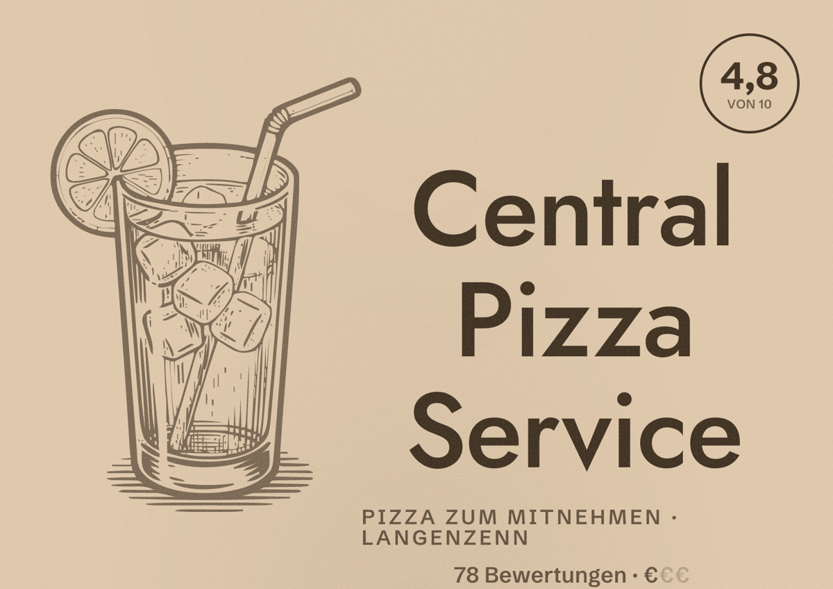 Illustriertes Poster von Central Pizza Service, Pizza zum Mitnehmen in Langenzenn: Bewertung 4,8 von 10 aus 78 Bewertungen, Preisniveau €