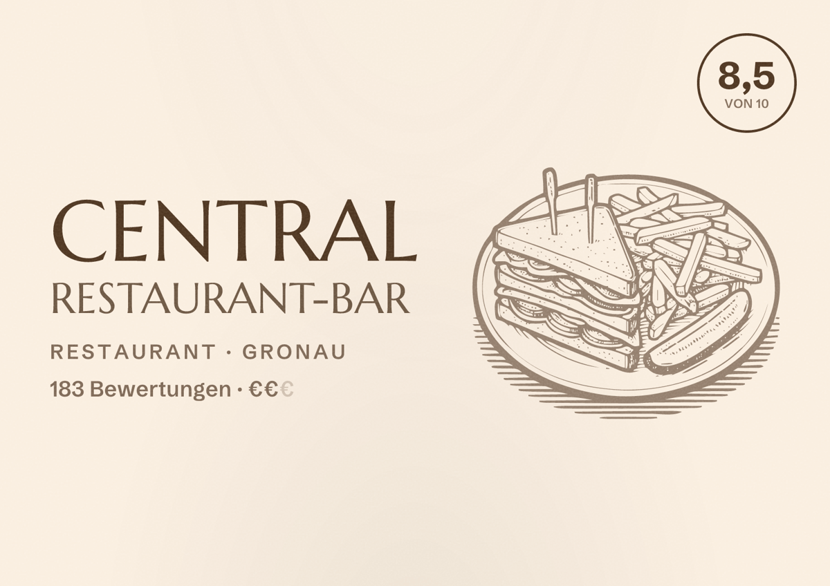 Illustriertes Poster von Central Restaurant-Bar, Restaurant in Gronau: Bewertung 8,5 von 10 aus 183 Bewertungen, Preisniveau €€