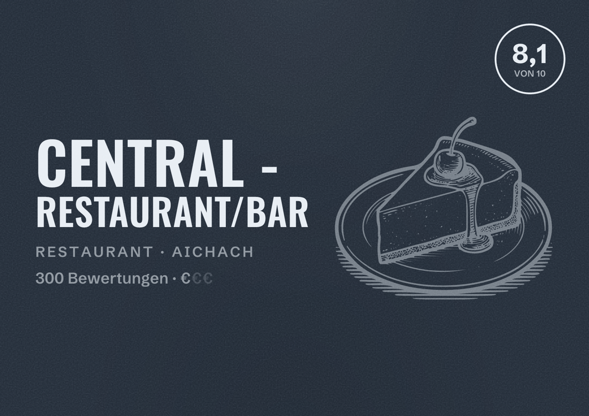 Illustriertes Poster von central - Restaurant/Bar, Restaurant in Aichach: Bewertung 8,1 von 10 aus 300 Bewertungen, Preisniveau €
