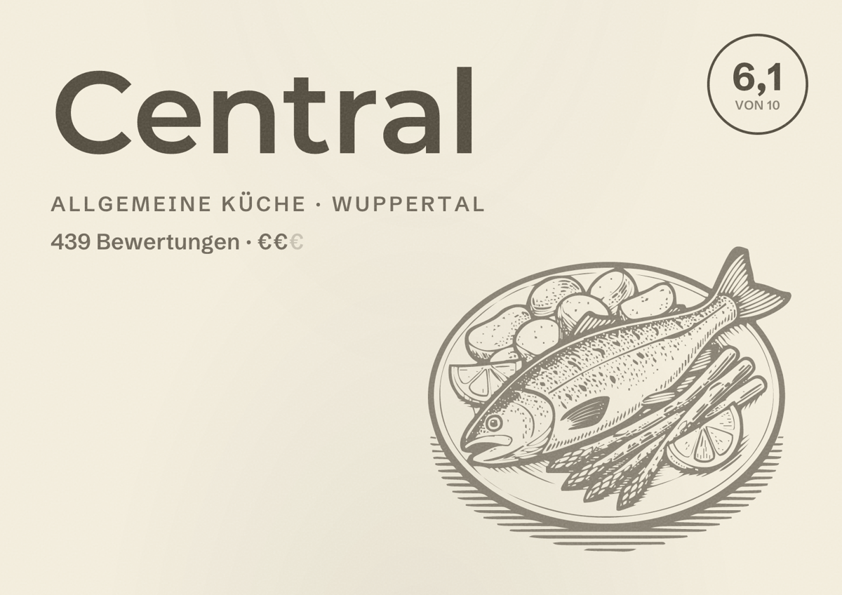 Illustriertes Poster von Central, Allgemeine Küche in Wuppertal: Bewertung 6,1 von 10 aus 439 Bewertungen, Preisniveau €€