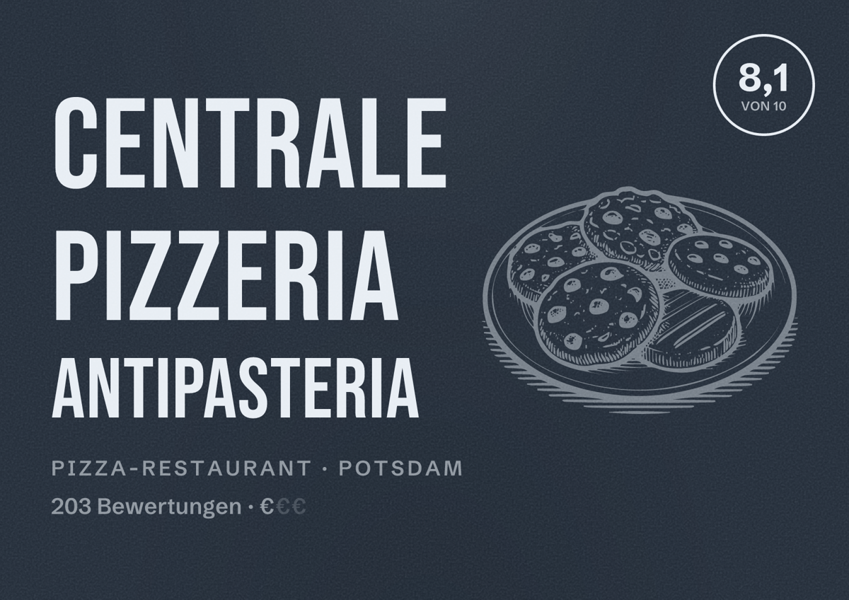 Illustriertes Poster von CENTRALE Pizzeria Antipasteria, Pizza-Restaurant in Potsdam: Bewertung 8,1 von 10 aus 203 Bewertungen, Preisniveau €