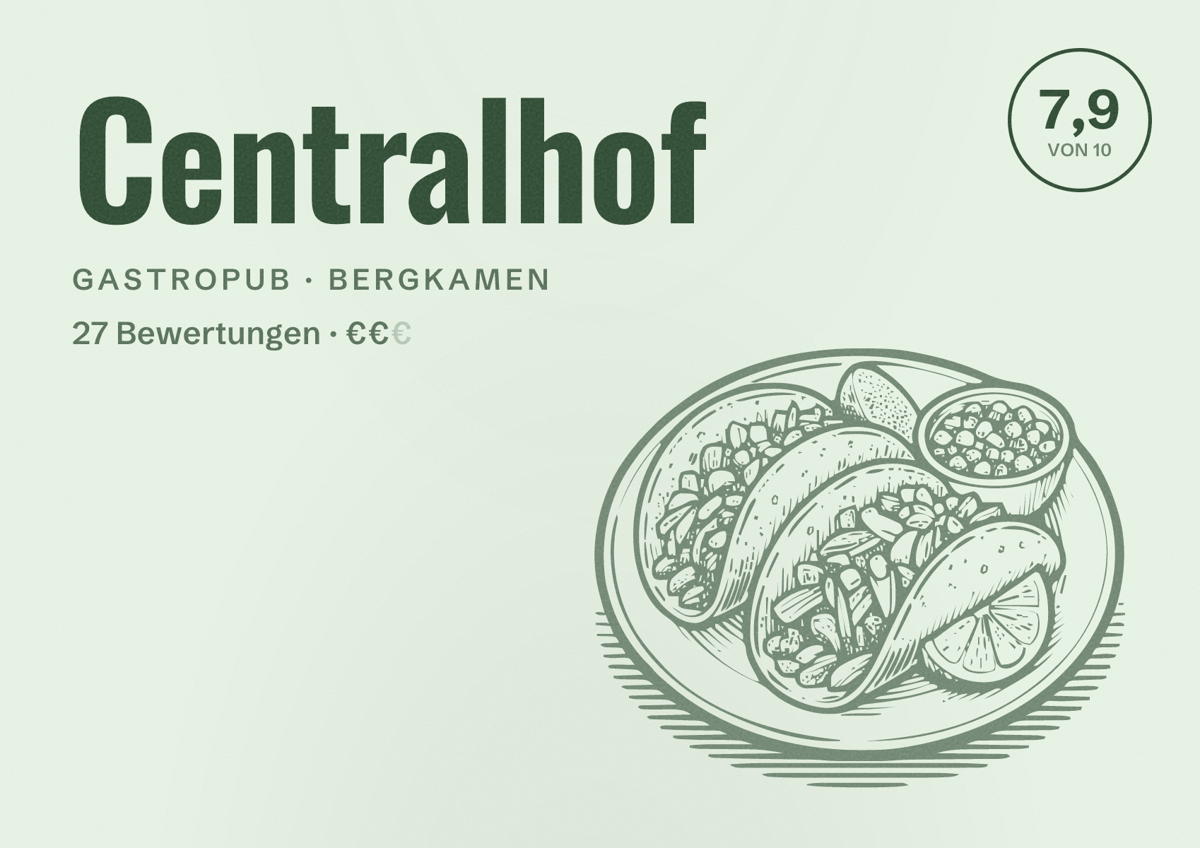 Illustriertes Poster von Centralhof, Gastropub in Bergkamen: Bewertung 7,9 von 10 aus 27 Bewertungen, Preisniveau €€