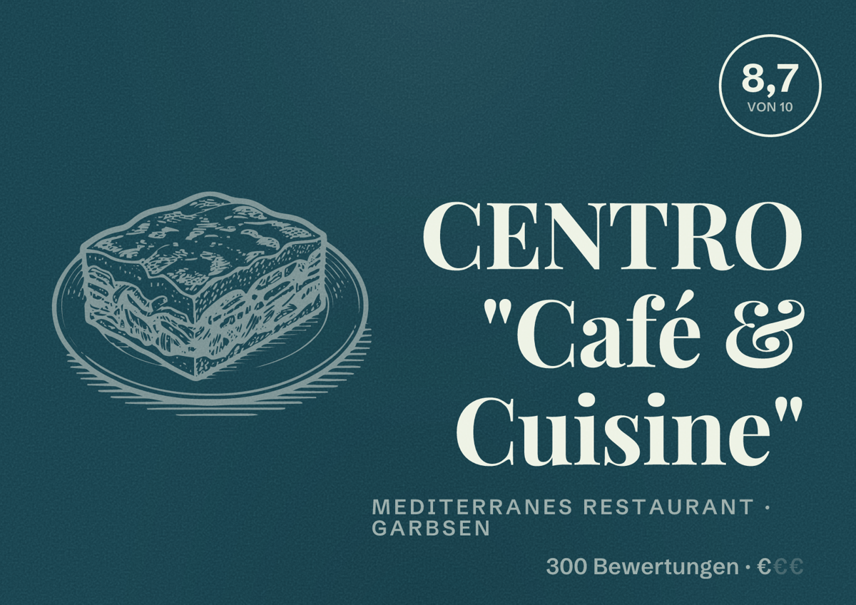 Illustriertes Poster von CENTRO "Café & Cuisine", Mediterranes Restaurant in Garbsen: Bewertung 8,7 von 10 aus 300 Bewertungen, Preisniveau €
