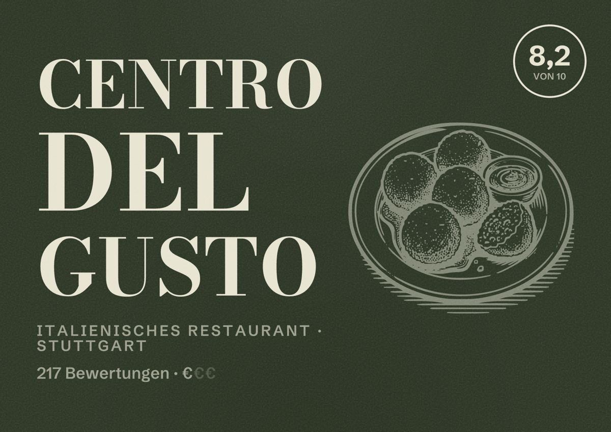 Illustriertes Poster von centro del gusto, Italienisches Restaurant in Stuttgart: Bewertung 8,2 von 10 aus 217 Bewertungen, Preisniveau €