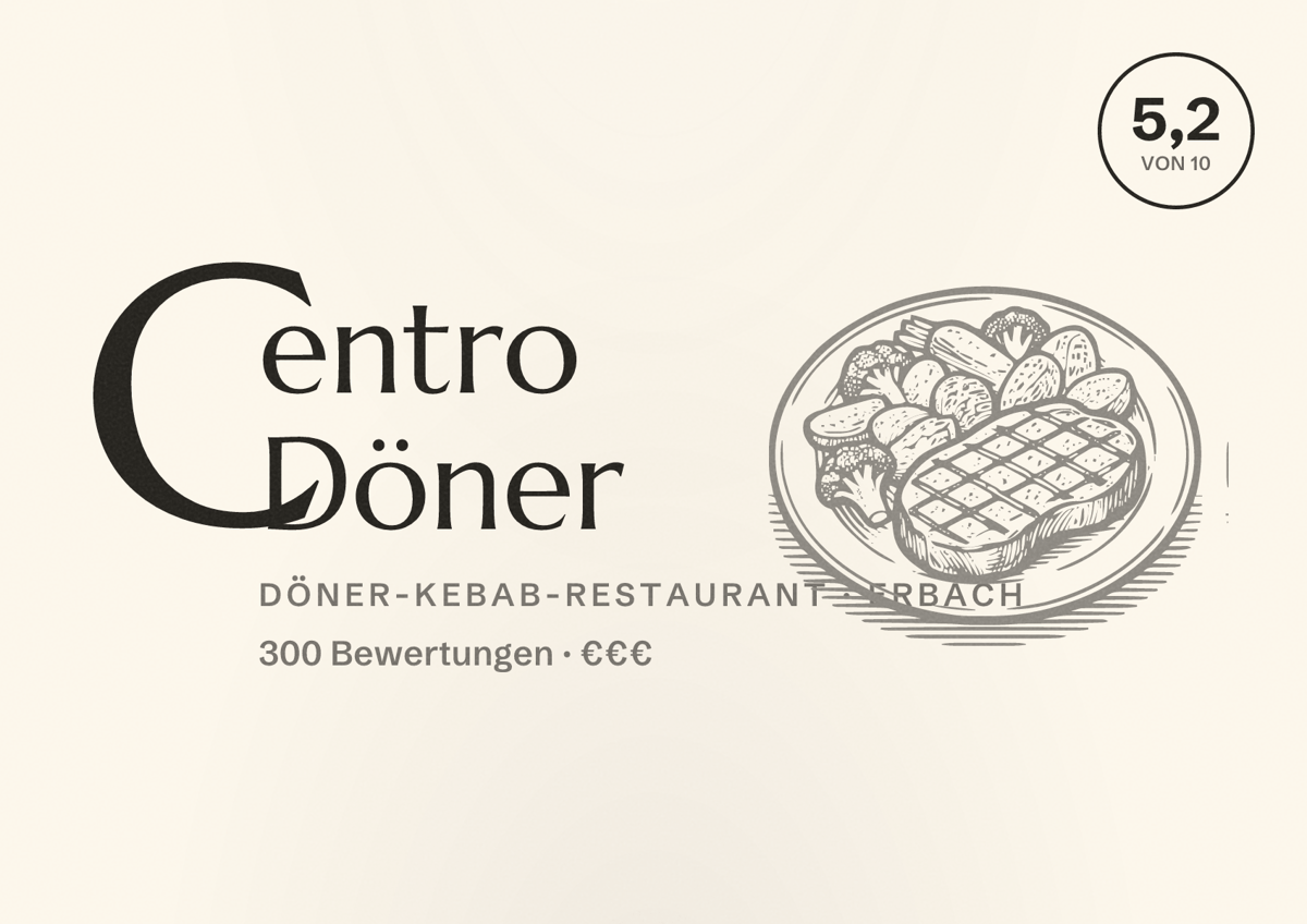 Illustriertes Poster von Centro Döner, Döner-Kebab-Restaurant in Erbach: Bewertung 5,2 von 10 aus 300 Bewertungen, Preisniveau €€€