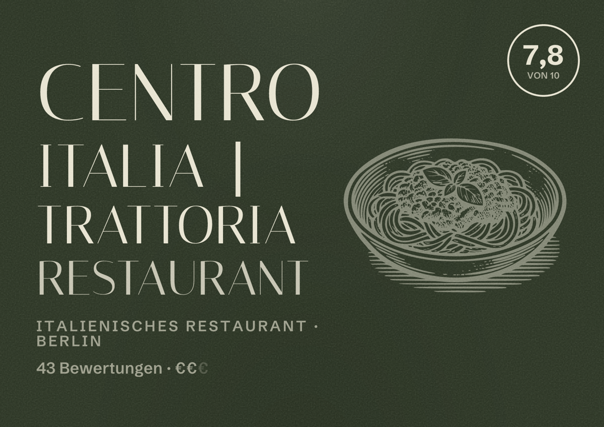 Illustriertes Poster von Centro Italia | Trattoria Restaurant, Italienisches Restaurant in Berlin: Bewertung 7,8 von 10 aus 43 Bewertungen, Preisniveau €€