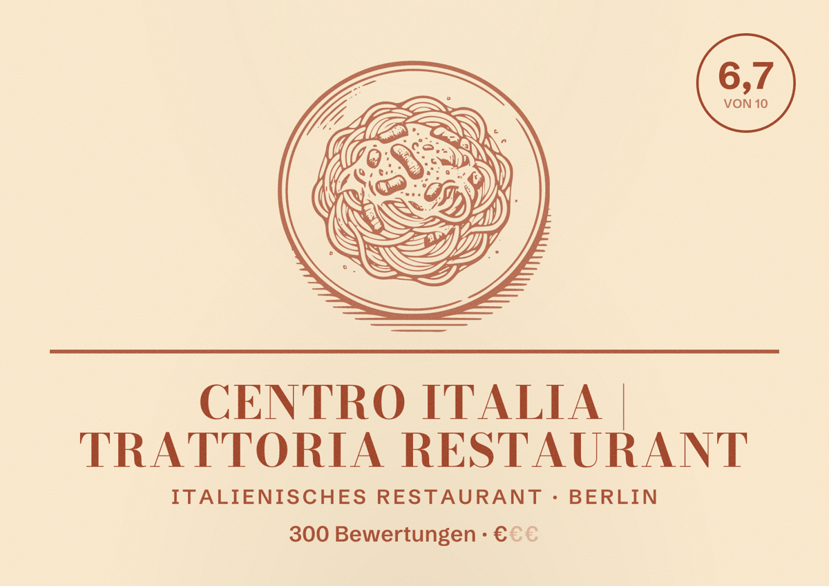 Illustriertes Poster von Centro Italia | Trattoria Restaurant, Italienisches Restaurant in Berlin: Bewertung 6,7 von 10 aus 300 Bewertungen, Preisniveau €