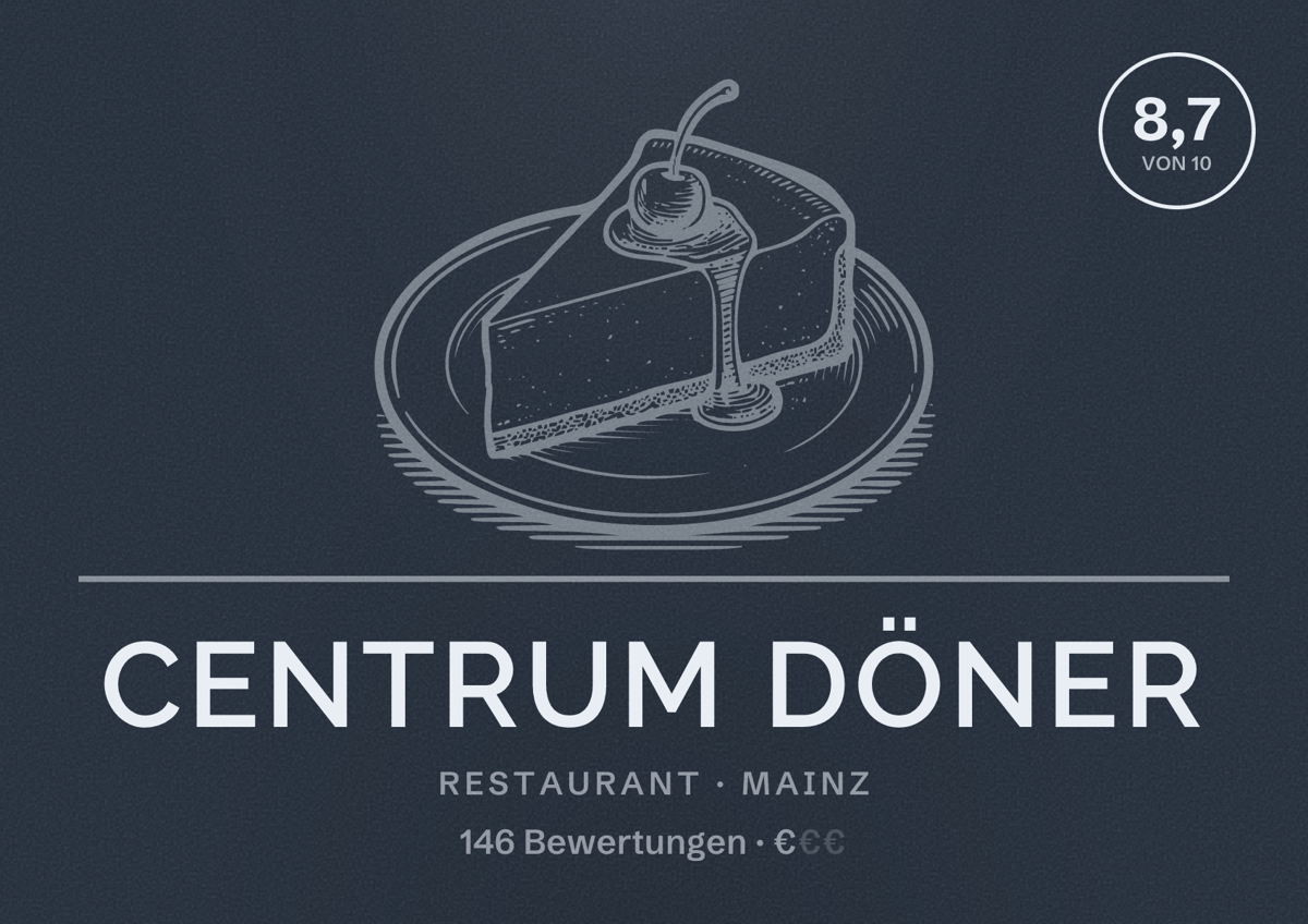 Illustriertes Poster von Centrum Döner, Restaurant in Mainz: Bewertung 8,7 von 10 aus 146 Bewertungen, Preisniveau €