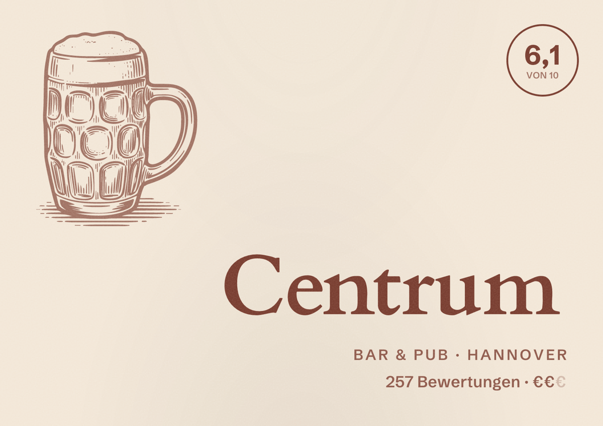 Illustriertes Poster von Centrum, Bar & Pub in Hannover: Bewertung 6,1 von 10 aus 257 Bewertungen, Preisniveau €€