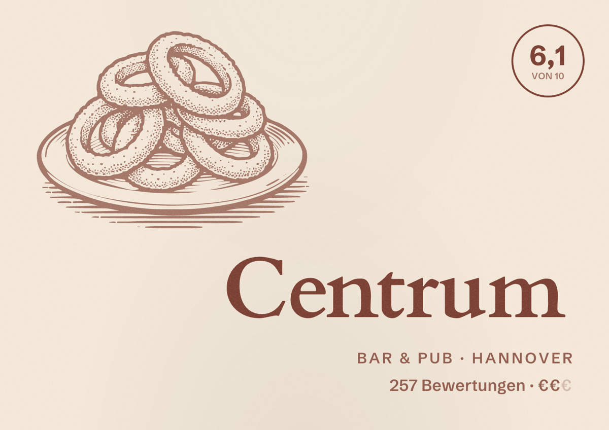 Illustriertes Poster von Centrum, Bar & Pub in Hannover: Bewertung 6,1 von 10 aus 257 Bewertungen, Preisniveau €€