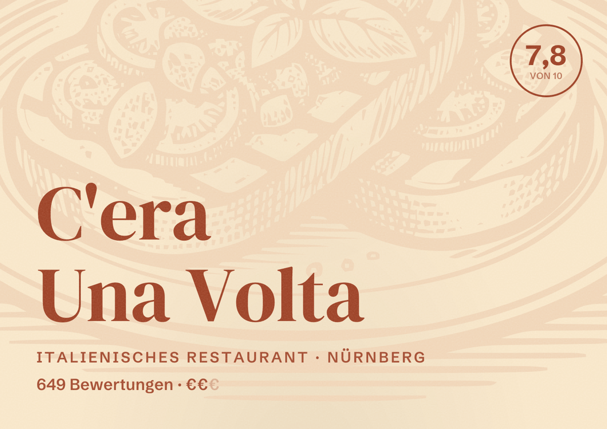 Illustriertes Poster von C'era Una Volta, Italienisches Restaurant in Nürnberg: Bewertung 7,8 von 10 aus 649 Bewertungen, Preisniveau €€