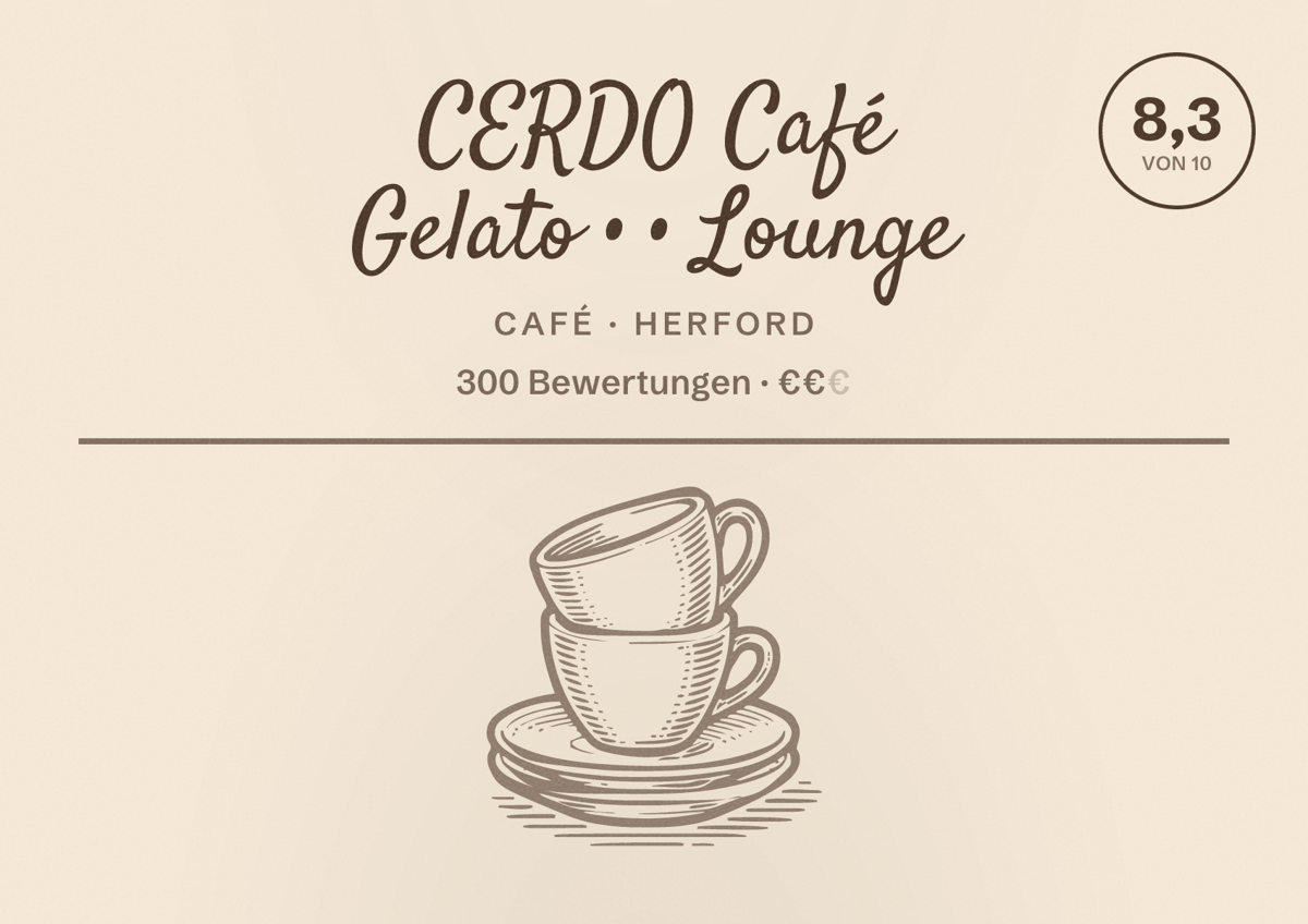 Illustriertes Poster von CERDO Café Gelato • • Lounge, Café in Herford: Bewertung 8,3 von 10 aus 300 Bewertungen, Preisniveau €€