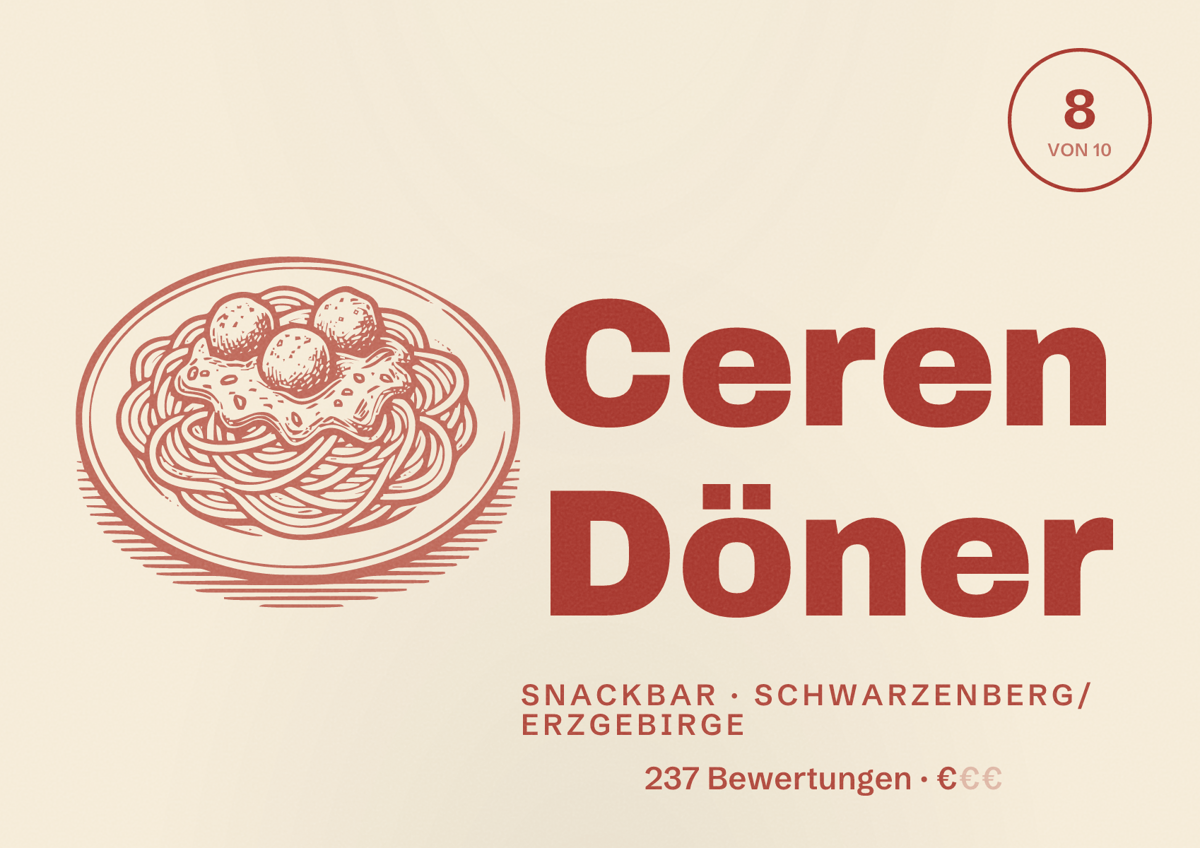 Illustriertes Poster von Ceren Döner, Snackbar in Schwarzenberg/Erzgebirge: Bewertung 8 von 10 aus 237 Bewertungen, Preisniveau €